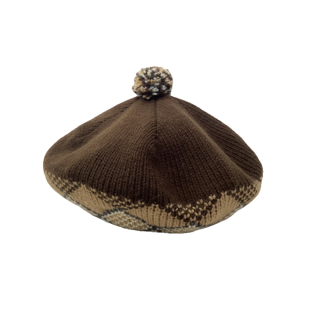Vintage Pom Pom Beret Hat Knit Brown With Argyle Design Golf Hand Crafted Retro
